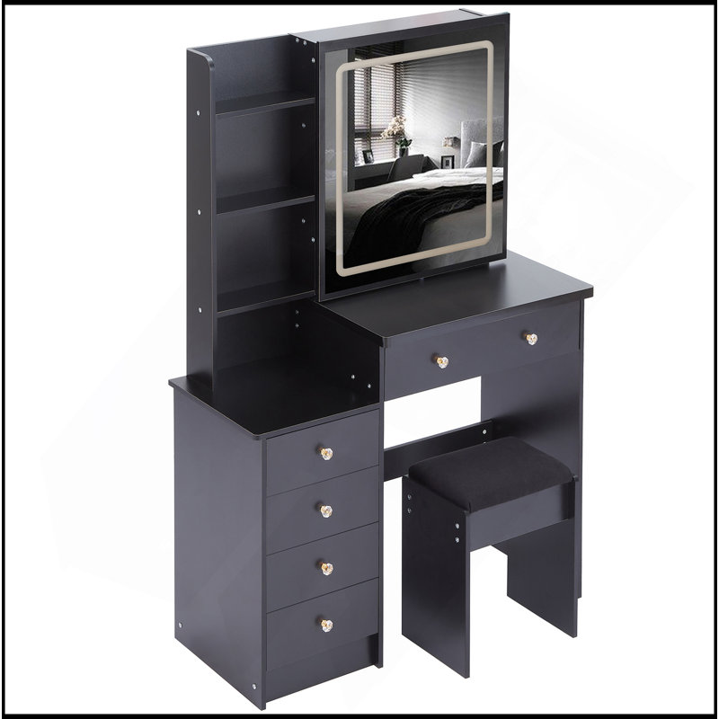 37" Middle Size Left Bedside Cabinet Vanity Table + Cushioned Stool Dresser Set, 2 AC+2 USB Socket, Hair Dryer Stand, Large Touch Control LED Sliding Mirror, 3-Color Switch, EPA, GCC, UL Certificate