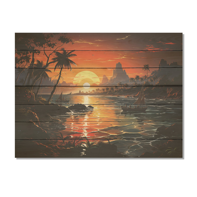 «Vintage Tropical Coastline Paradise V» - Tropical côtier sur impression sur bois, H 24 po x l 32 po