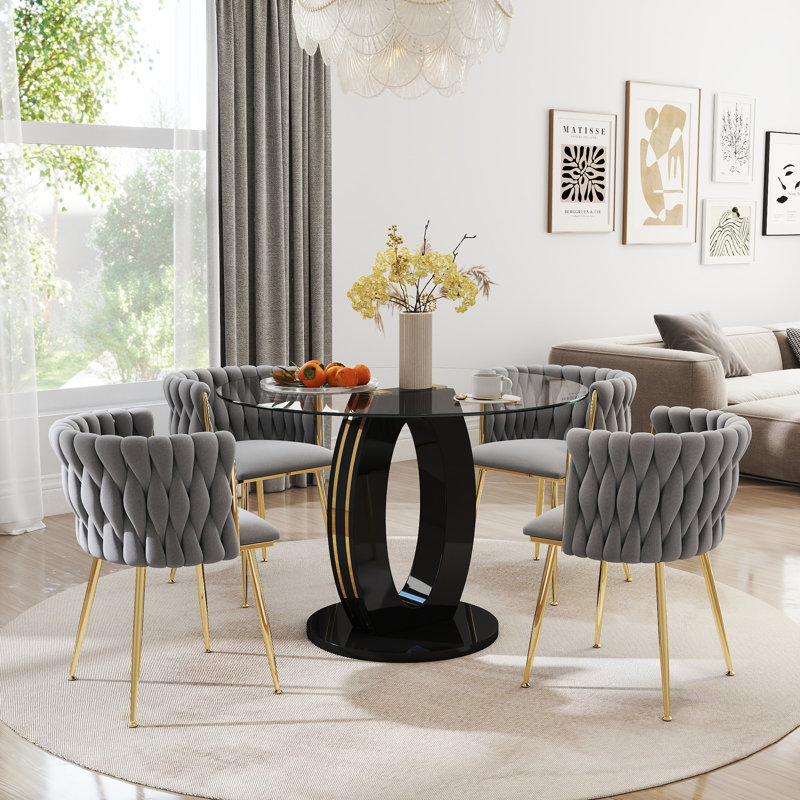 Modern Round Tempered Glass Pedestal Dining Set with Velvet Woven Dininig Chair, Black/Gold, Beige