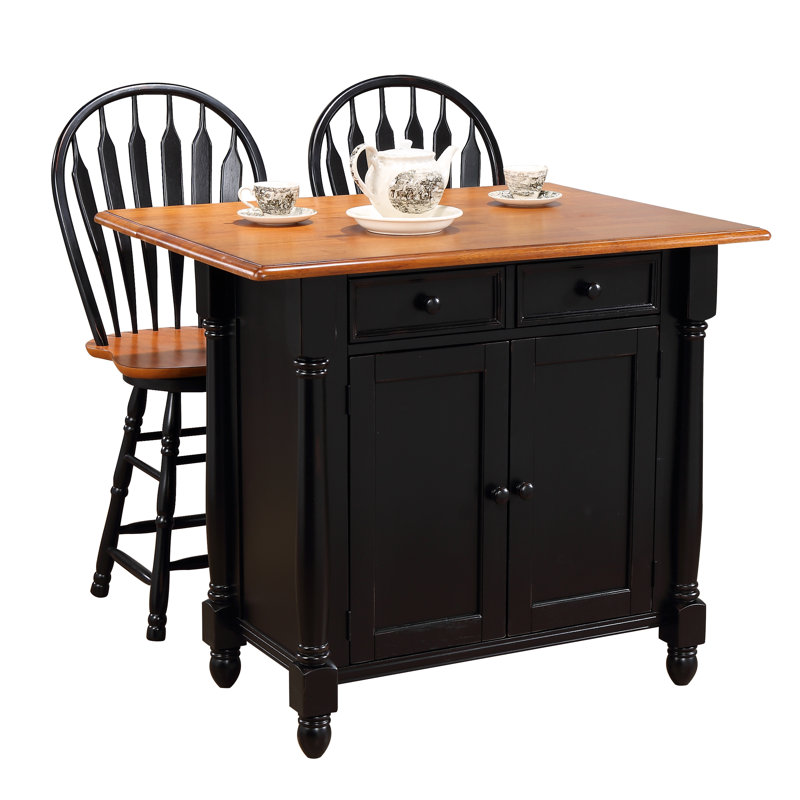 Azizi Solid Wood Kitchen Island Set, Black/Cherry