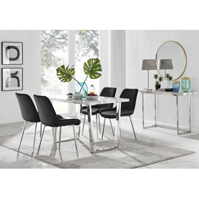 Kylooe Modern Marble Effect And Silver Dining Table Set With 4 Luxury Velvet Dining Chairs