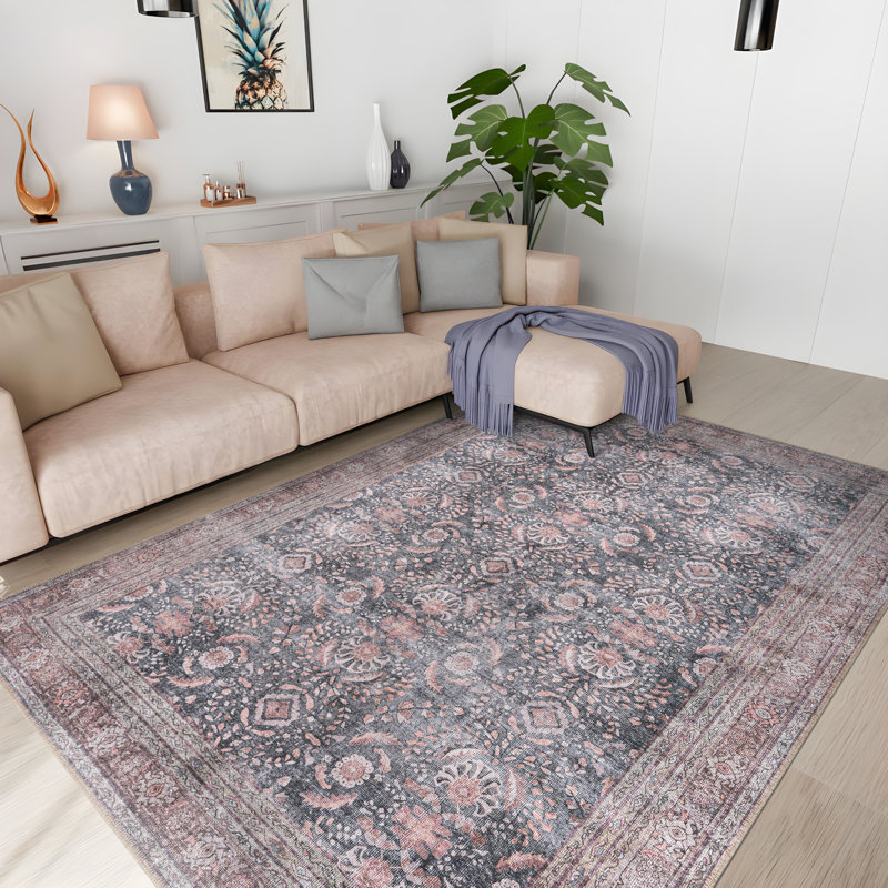 Labarbera Machine Washable Charcoal/Red Non-Slip Backing Area Rug, Rectangle 7'7" x 9'6"