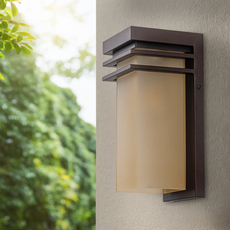 12 in. Dusk to Dawn Bronze Modern Outdoor Wall Sconce 1 Pack with Antique Amber Glass, E26 Socket, Bronze with Sensor, 1 Pack