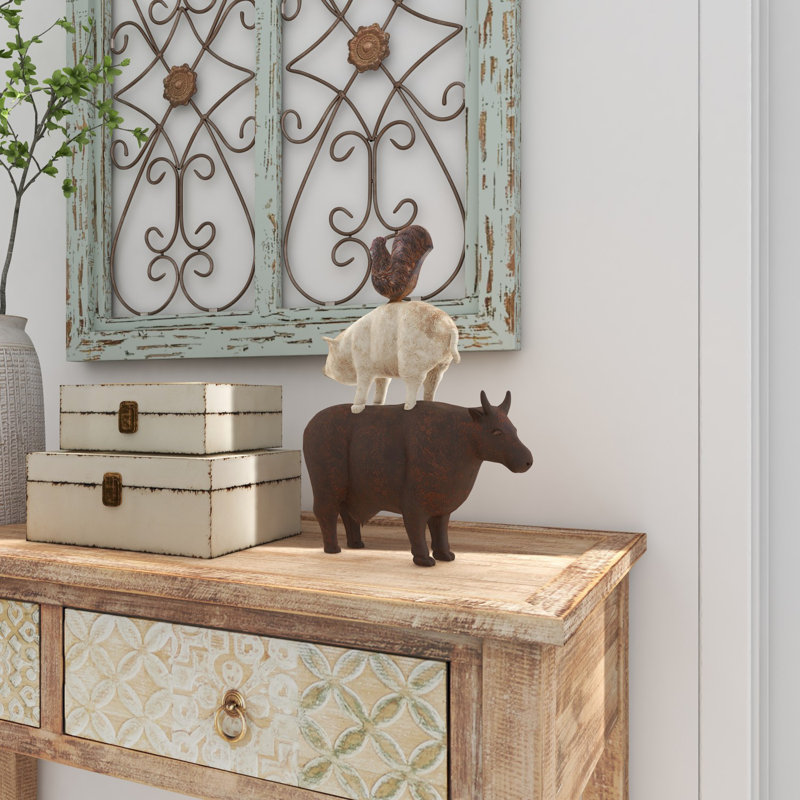 Sculpture décorative d'animaux de ferme empilés en pierre synthétique, H 14 po x l 11 po x P 3 po, Brun