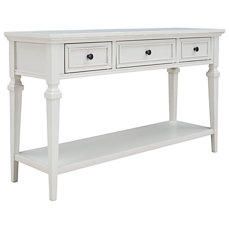 Console avec tiroirs et tablette inférieure ouverte, Blanc antique