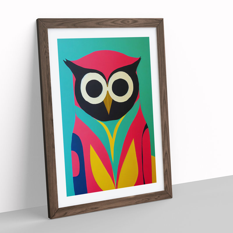 Colourful Abstract Owl No.2 - Single Picture Frame Print, 46cm H x 34cm W x 2cm D, Walnut
