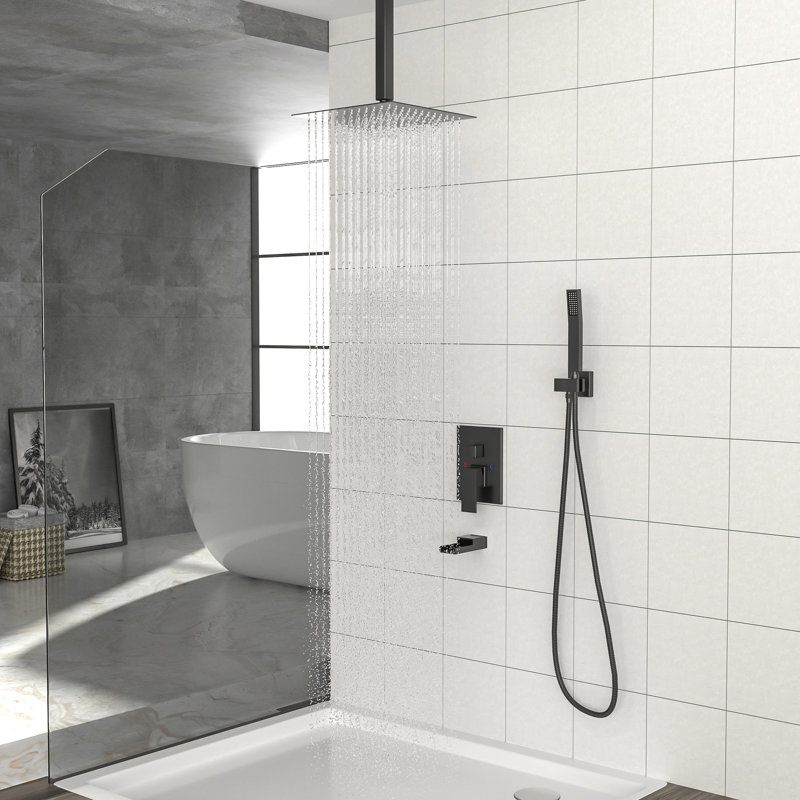 Système de douche carré à fixation au plafond de 16 pouces, bec de baignoire en cascade, soupape d'échaudage, pluie ultra-mince avec douche complète noir mat, 3 fonctions de douche au-dessus et à main, facile