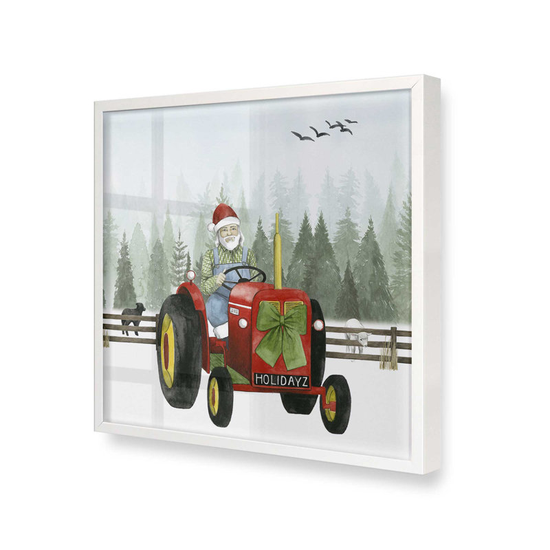 «Santa's Christmas Tractor Ride I Print», Cadre simple opaque blanc, bois massif, H 21,5 po x l 21,5 po