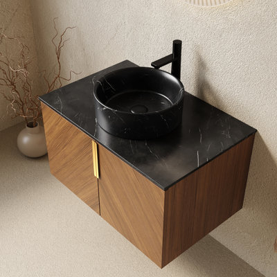 Meuble-lavabo de salle de bain 30 po avec comptoir en pierre frittée noire, armoire à grain en chêne brun, conception en diagonale, portes doubles, grand rangement, assemblage rapide du grain de l'armoire de rangement, fermeture en douceur, facile à