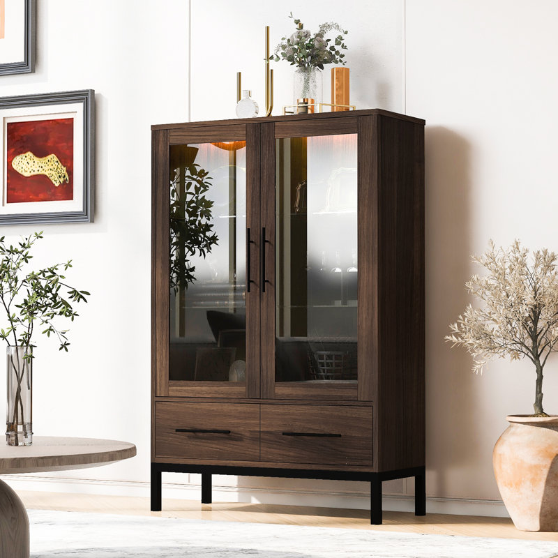 60" High Display Cabinet with 2 Storage Drawers Pantry with Glass Door and LED Lighting, Walnut