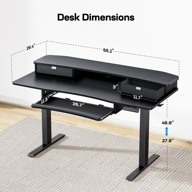 Bureau debout réglable avec plateau à clavier, colonne montante et tiroirs, H 30 po x l 55 po x P 26 po, Noir