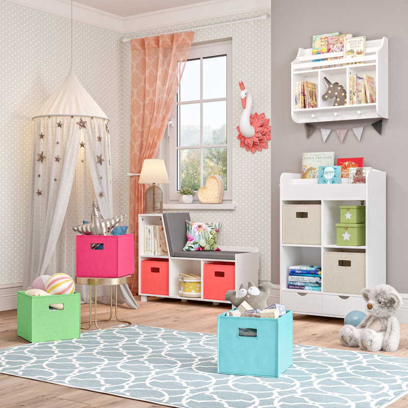 White and Coral Kids' Cubby Bookshelf with Storage Bins