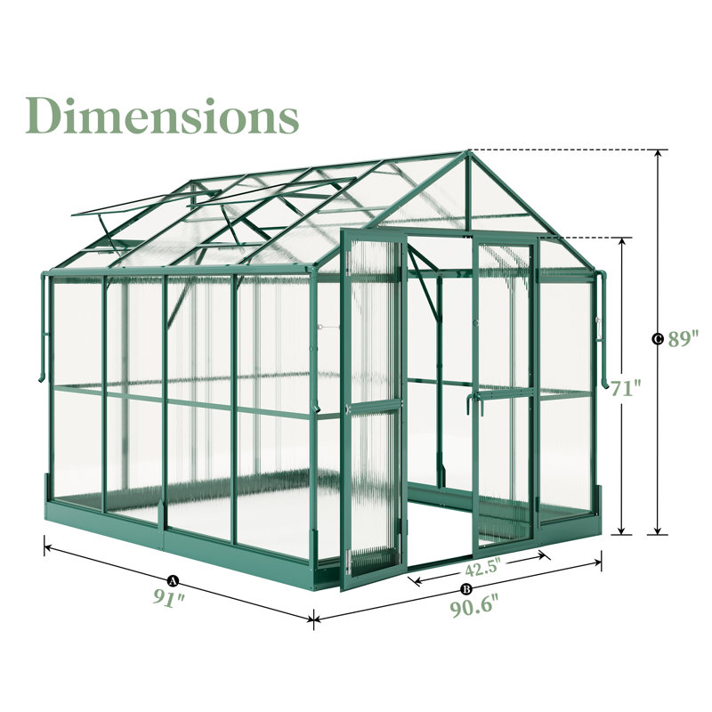  Grower’s Haven AMERLIFE Greenhouse - Outdoor Aluminum Polycarbonate Greenhouse With Ventilation And Rain Gutter, Double Doors With Hook, Walk In Greenhouse For Outdoors, Backyard, Garden