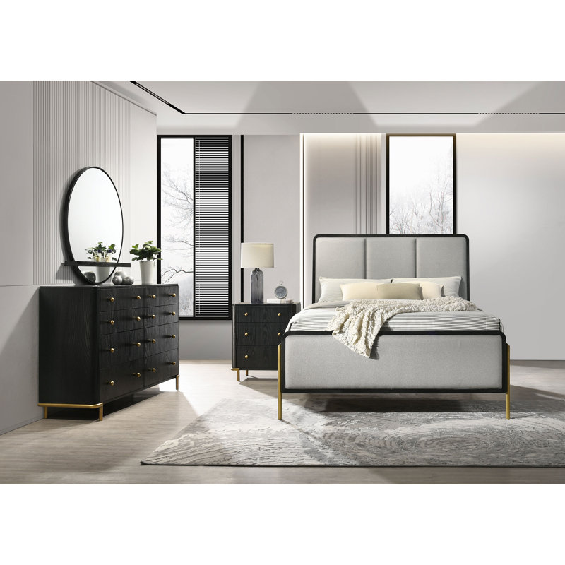 Ensemble de chambre avec grand lit 4 pièces Maxine - noir et gris, 4 Pcs: Dresser; Mirror; Bed; Nightstand, Grand