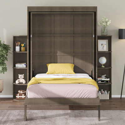 Lit escamotable avec bureau convertible, deux tablettes latérales à 3 niveaux et rangements supplémentaires, lit mural pivotant en bois