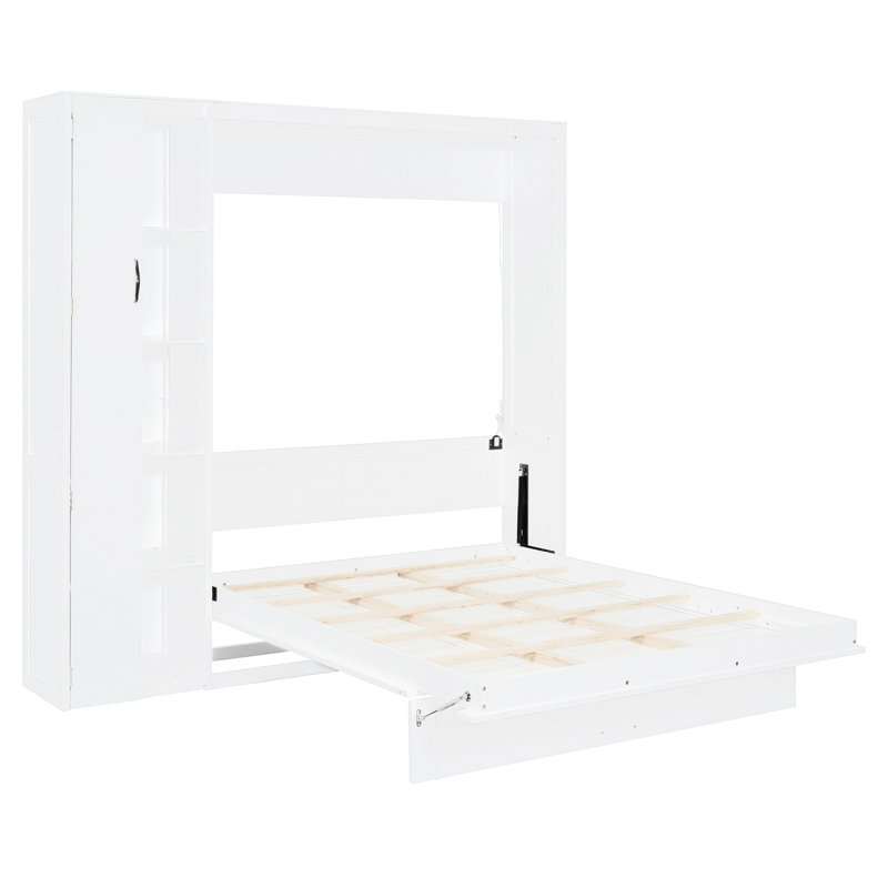 Bed With Shelves, Wardrobe, And Beaming Led Lights - Space Saving For Home Office, Guest Room, Gym White Full Size Wall Ideal Saver Office & Room Finish