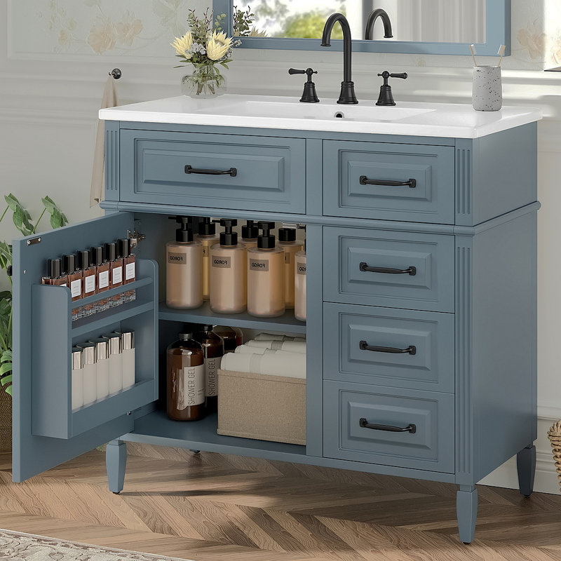 36-Inch Bathroom Vanity With Ceramic Sink Top, Solid Wood Frame And MDF Cabinet, Flip Drawer Design With Adjustable Shelf And Metal Handles, Freestanding Bathroom Storage Cabinet (Faucet Not Included)