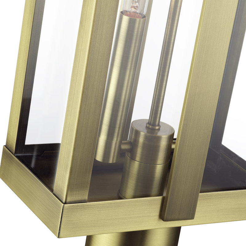 2 Light Black Large Outdoor Post Top Lantern With Brushed Nickel Candles And Clear Glass, Antique Brass