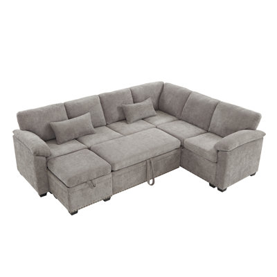 L-Shaped Corner Sectional Sofa Couch With Seat And Storage Ottoman, Chenille Fabric Corner Couch With 7 Seats & 2 Pillows For Living Room