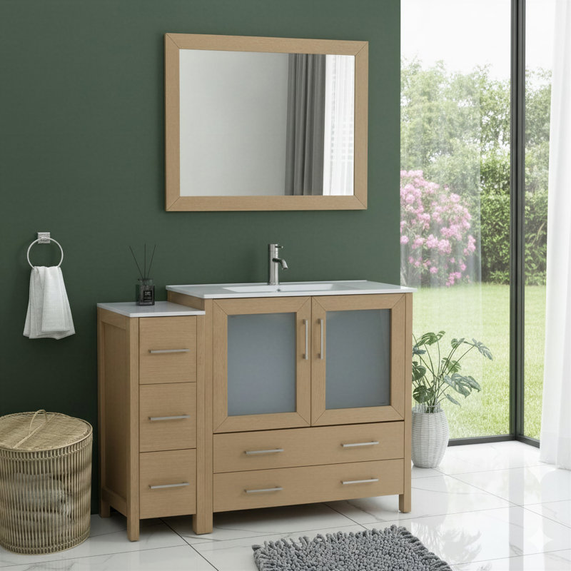 48" Single Bathroom Vanity with Top with Mirror, Natural Oak