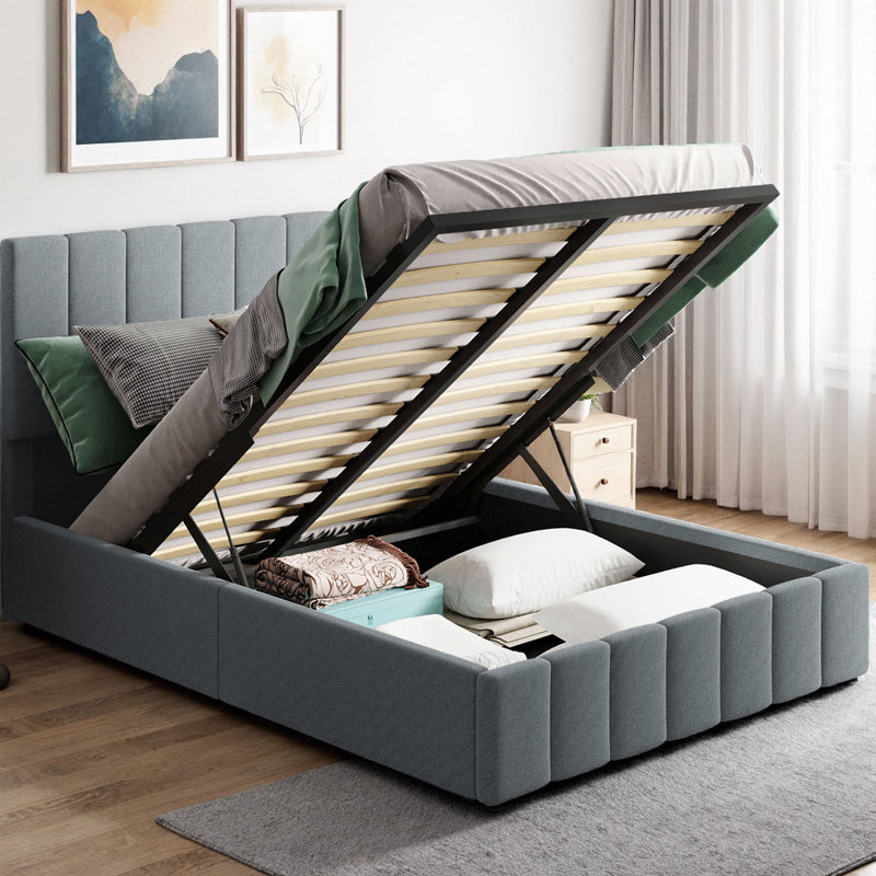 Lit plateforme tapissier avec système de rangement hydraulique, lit de rangement avec tête de lit en lin, 12 lattes renforcées et capacité de 500 lb, aucun sommier requis