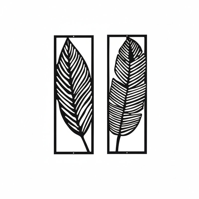 Metal Leaf Wall Art Set of 2, Vertical Wall Art in Black Metal for Industrial Decor