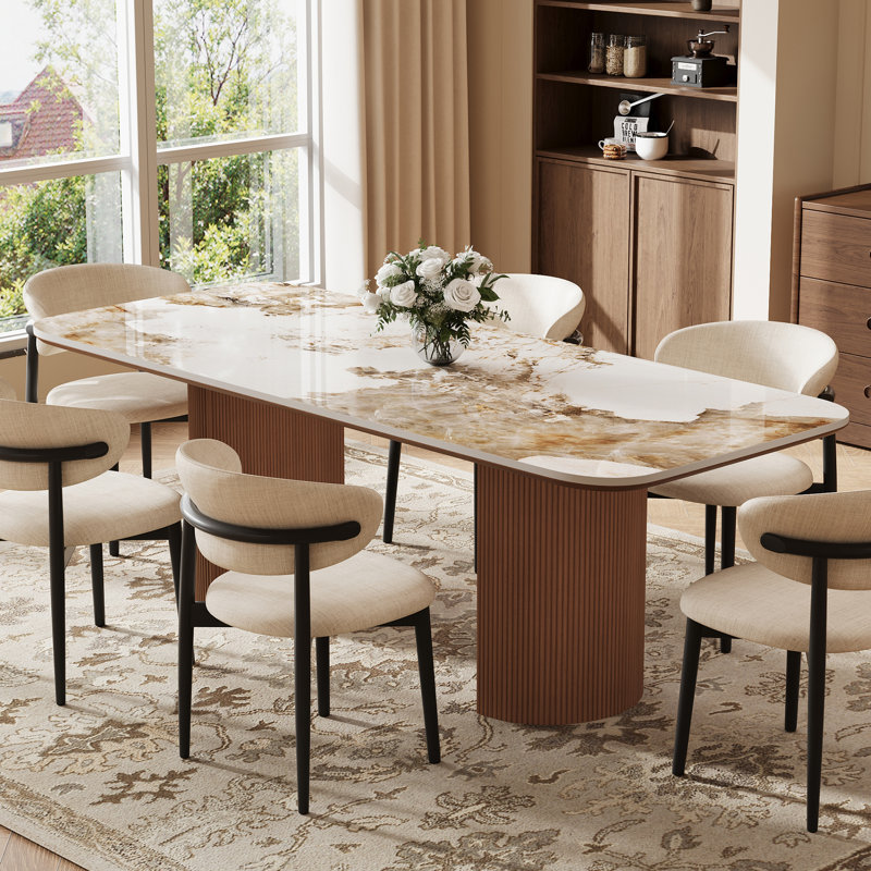 71'' Modern Rectangular Pandora Stone Dining Table, Luxury Wood Fluted Double Base, Contemporary Dining Table for 6 People