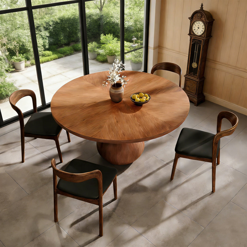 NEW SOLID WOOD TOP 53" - 5-pieces Round Pedestal Dining Set Ikerne 6/8 - Person , 29.52"H x 53.15”L x 53.15”W