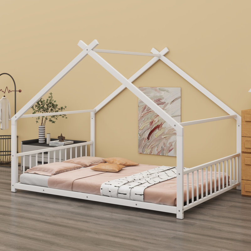 Modern Metal House Bed with Sturdy Construction, White
