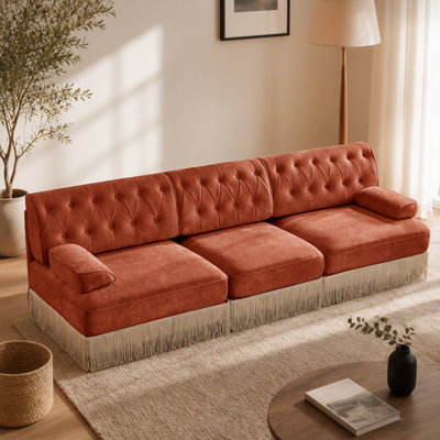 3-Seater Velvet Fabric Sofa with Tassel Fringe, Button Tufted Design, and Ergonomic Wooden Base for Living Rooms and Bedrooms