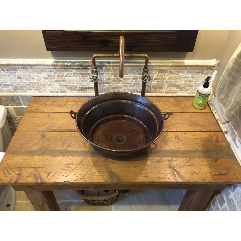 15" Rustic Farmhouse Copper Vessel Bucket / Pail Bathroom Sink with Grid Drain
