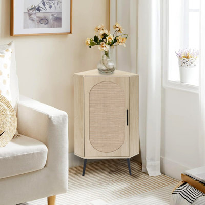 Armoire d'angle, porte en rotin, dispositif anti-déversement, tables de coin autoportantes, durables et robustes, avec patin antidérapant, pieds en métal pour le salon, la cuisine, la salle de bain, la chambre à coucher