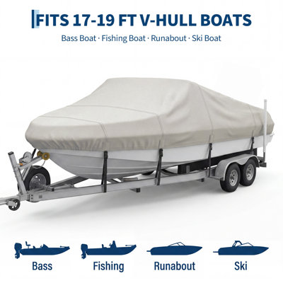 Heavy Duty 600D V-Hull Boat Cover for 17-19 Ft Fishing Boats, Trailerable Waterproof Oxford Fabric with 11 Adjustable Straps, Reinforced Seams & Storage Bag
