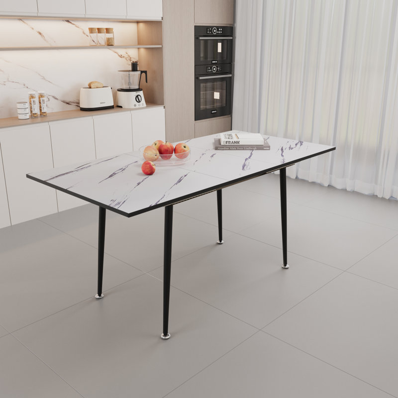 47" Expandable To 63" Inch MDF Square White Marble Patterned Dining Table, Modern Industrial Kitchen And Dining Table, Equipped With Tapered Black Metal Legs