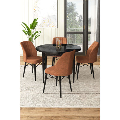 Modern 5-Piece Dining Table & Chairs Set, Black Marble & Tile Red | 100% Melamine Coated Chipboard, Table: 35.4 x 29.5 x 35.4 inches | Chairs: 17.7 x 36.6 x 16.5 inches | Wooden Legs & Metal Frame, Comfortable Foam Seating