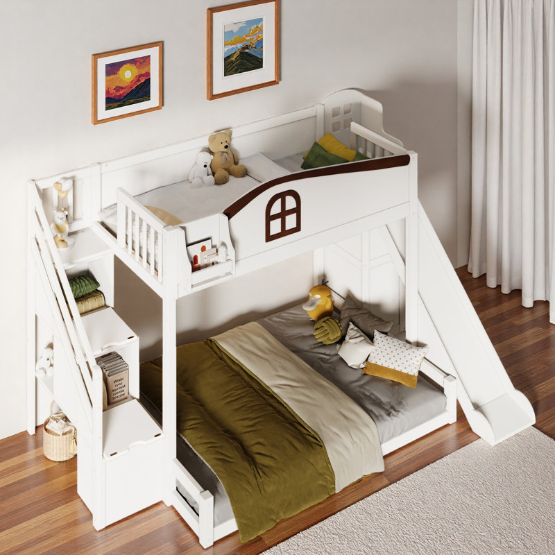 Lit superposé avec escalier de rangement, tablette, glissade et garde-robe, Blanc