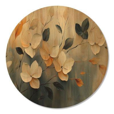 Fleurs d'automne dans le ciel I - Décoration murale ronde en bois à motifs floraux