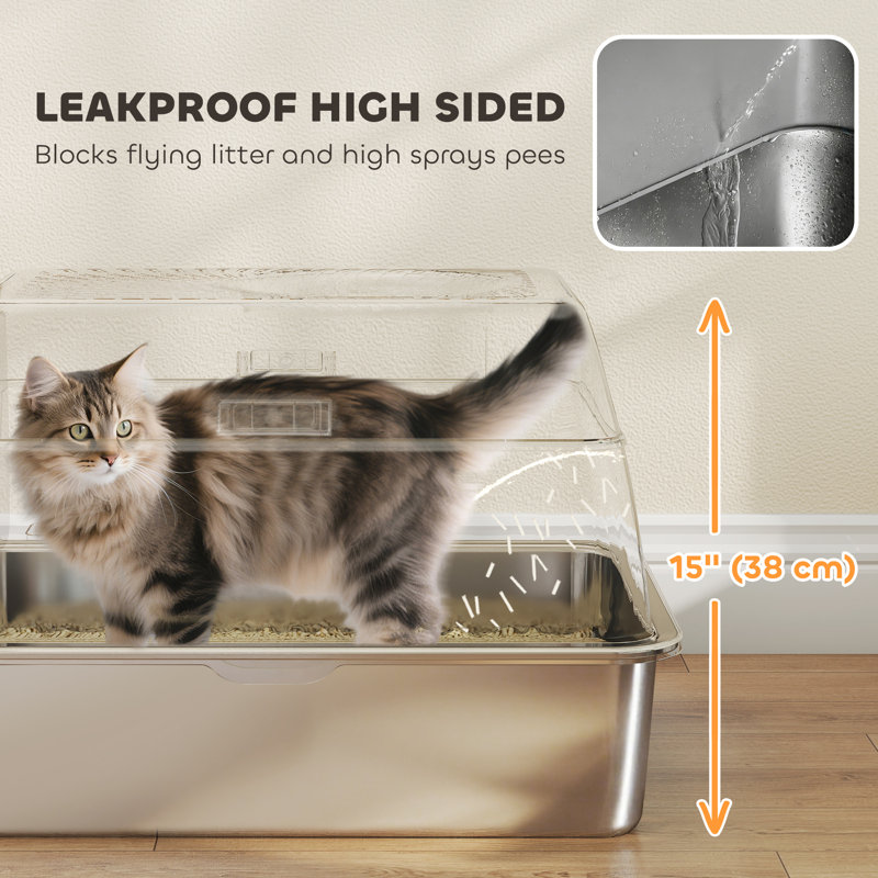 Litière pour chat en acier inoxydable 80L XL avec couvercle, entrée avant / supérieure