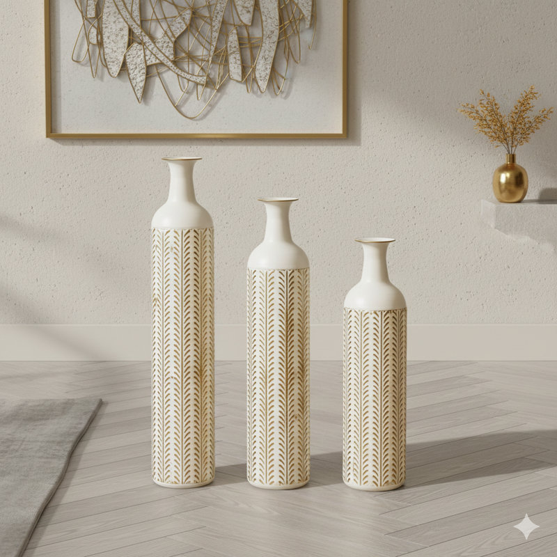 Un ensemble de trois vases de plancher de style moderne en métal blanc. Ces grands vases émaillés offrent un magnifique décor décoratif pour la maison.