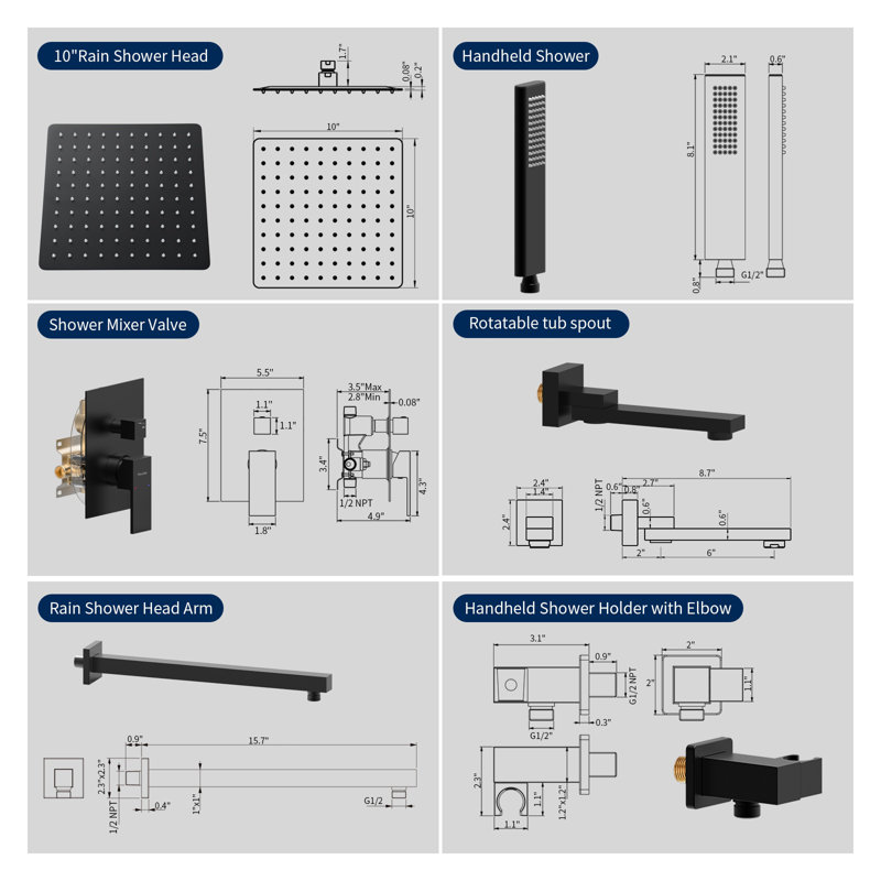 Matte Black Rain Shower Head System with 3 Function Tub Faucet, NPT Folding Bathtub Shower Faucet Set with Handheld Sprayer and Rough-in Valve Diverter