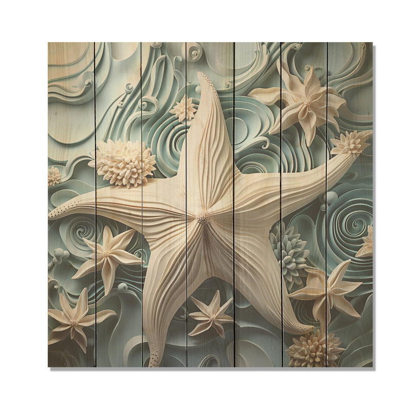«White and Blue Oceanic Starfish Gem» - Étoile de mer sur bois, H 15 po x l 15 po