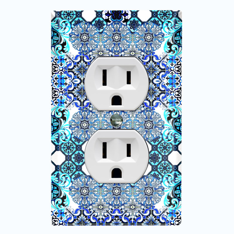 Elegant Blue Teal Tile White Patterned 1 - Gang Duplex Outlet Standard Wall Plate