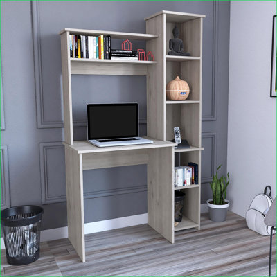 Bureau d'écriture compacte avec huche, 2 tablettes et bureau 5 cubes | Gris clair | Panneau de particules