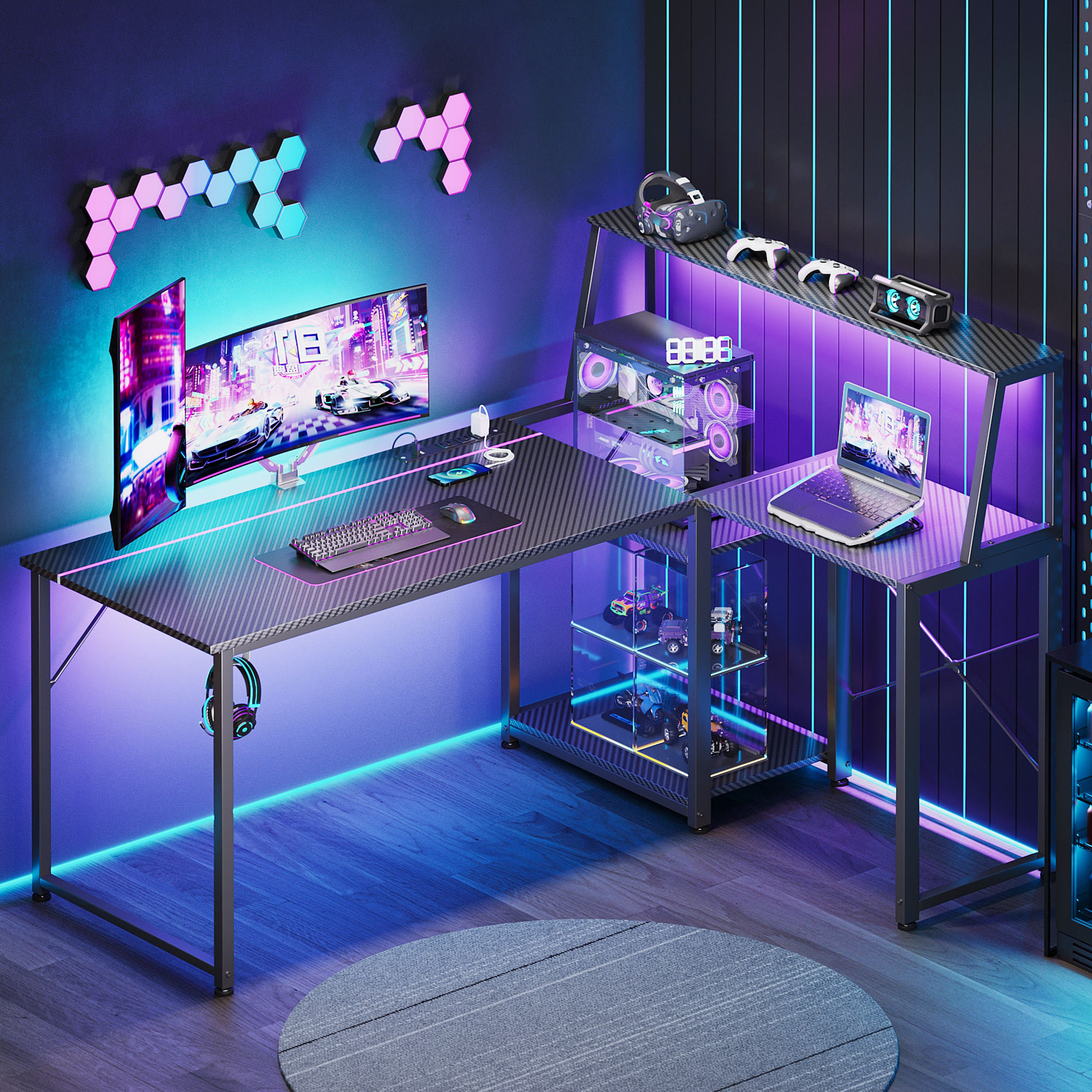 Bureau De Jeu En L Avec Lumières DEL RVB Dynamiques, Prises De Courant Et Support Pour Ecran Pour Une Experience De Jeu Amelioree Brcb9402