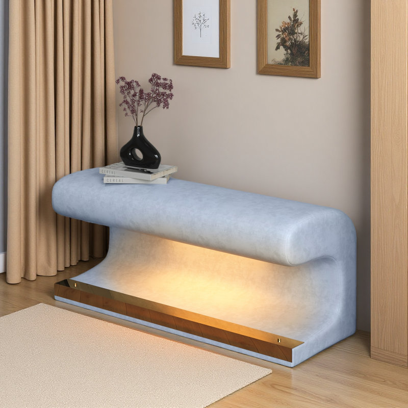Entryway Bench Leather Upholstered Ottoman With LED Sensor Light For Living Room ,Bedroom,End Of Bed, Blue