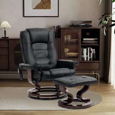 Massage Recliner with Ottoman Swivel Wood Base, Adjustable Recline, Faux Leather Lounge Chair with Footrest for Living Room and Bedroom, Beige by Inbox Zero