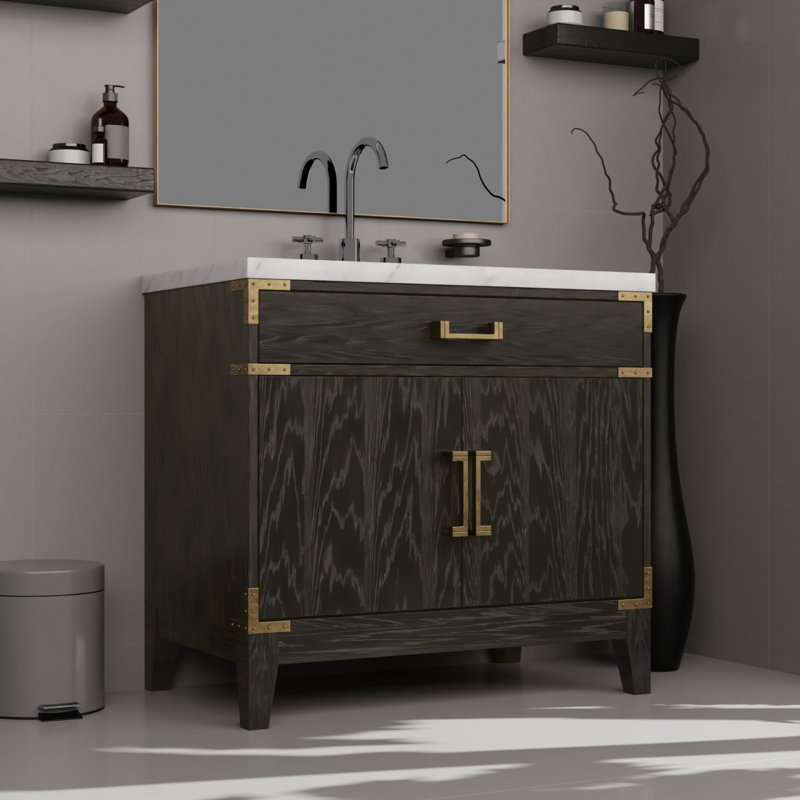Meuble-lavabo simple en chêne noir 36 po X P 22 po P, comptoir en marbre de Carrare Miroir