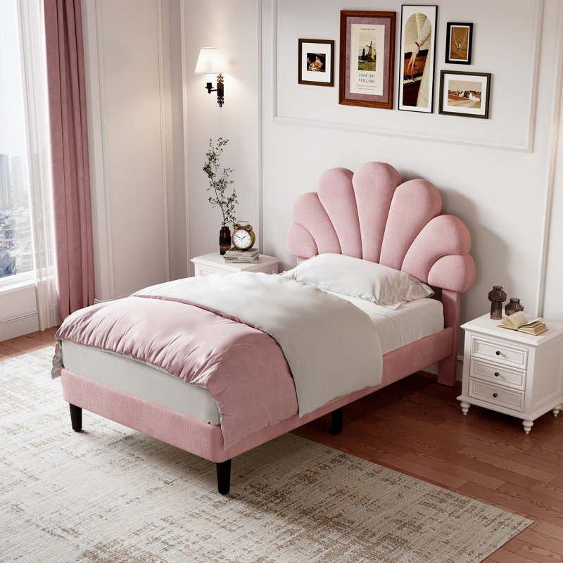 Forcier 90x190cm Single Velvet Upholstered Bed Frame with Adjustable Petal Headboard, Pink