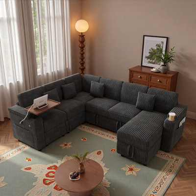 100-inch pull-out sofa with USB ports, table board and cup holder, comfortable soft cushioned corduroy fabric sofa bed, extra-large U-shaped combination storage lounge sofa bed