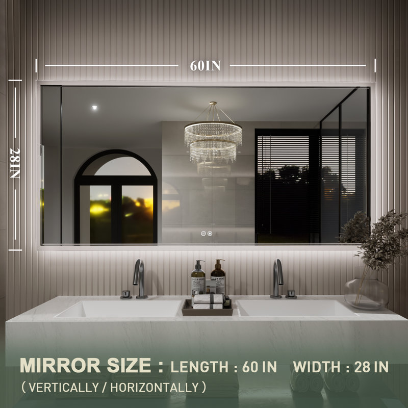 Sirard Frameless LED Lighted Bathroom Vanity Mirror Dimmable Anti Fog Wall Mirror, 60" x 28"